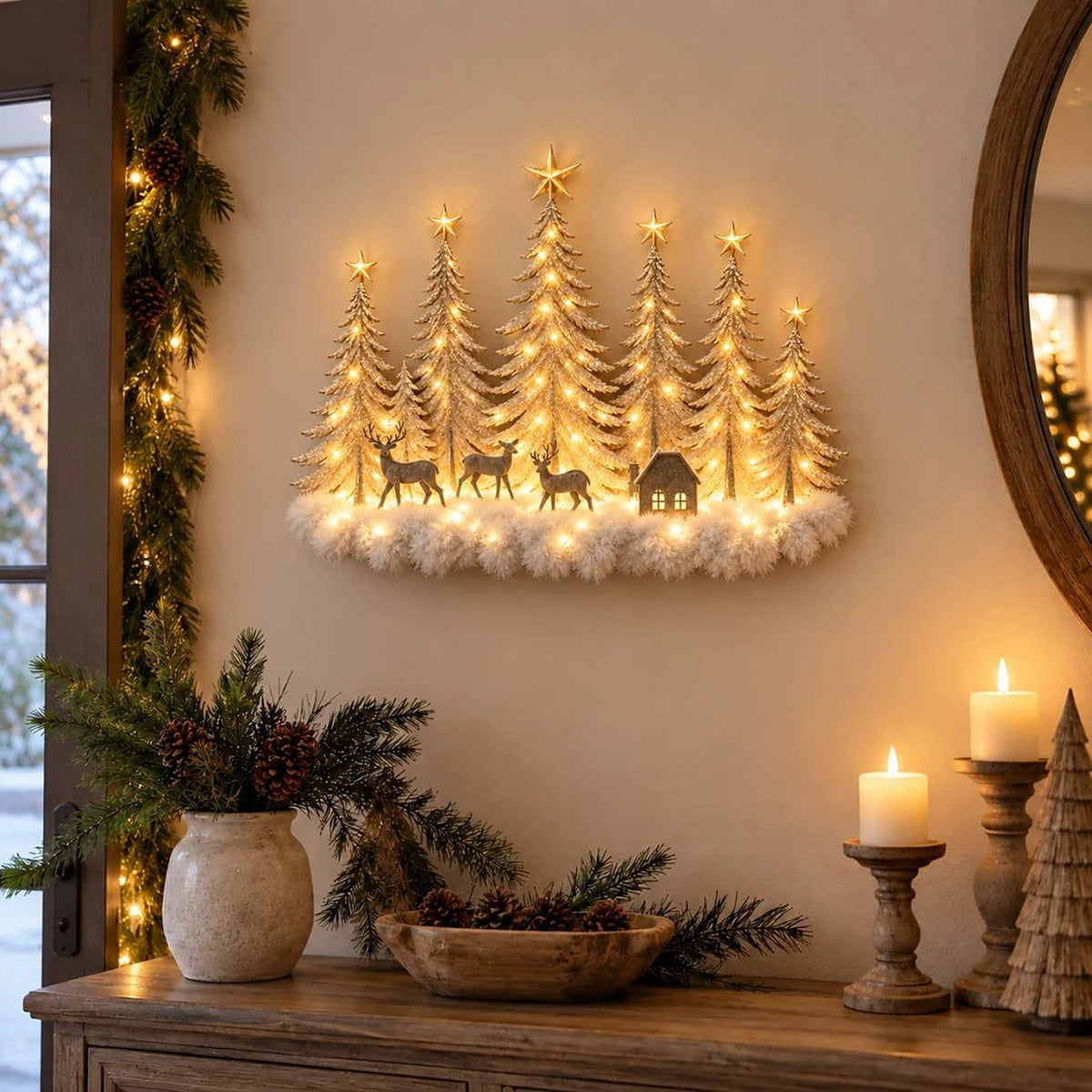 Beleuchtete Winterwald-Wanddekoration – 3D-Weihnachtslandschaft mit Hirschen und warmem LED-Licht