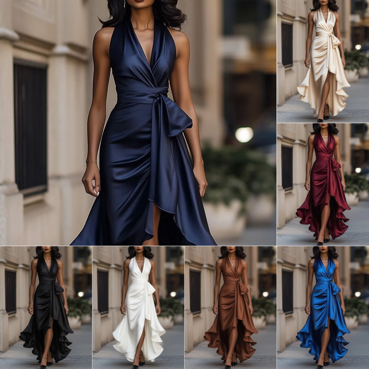 Damen-Abendkleid mit tiefem V-Ausschnitt und Rüschen