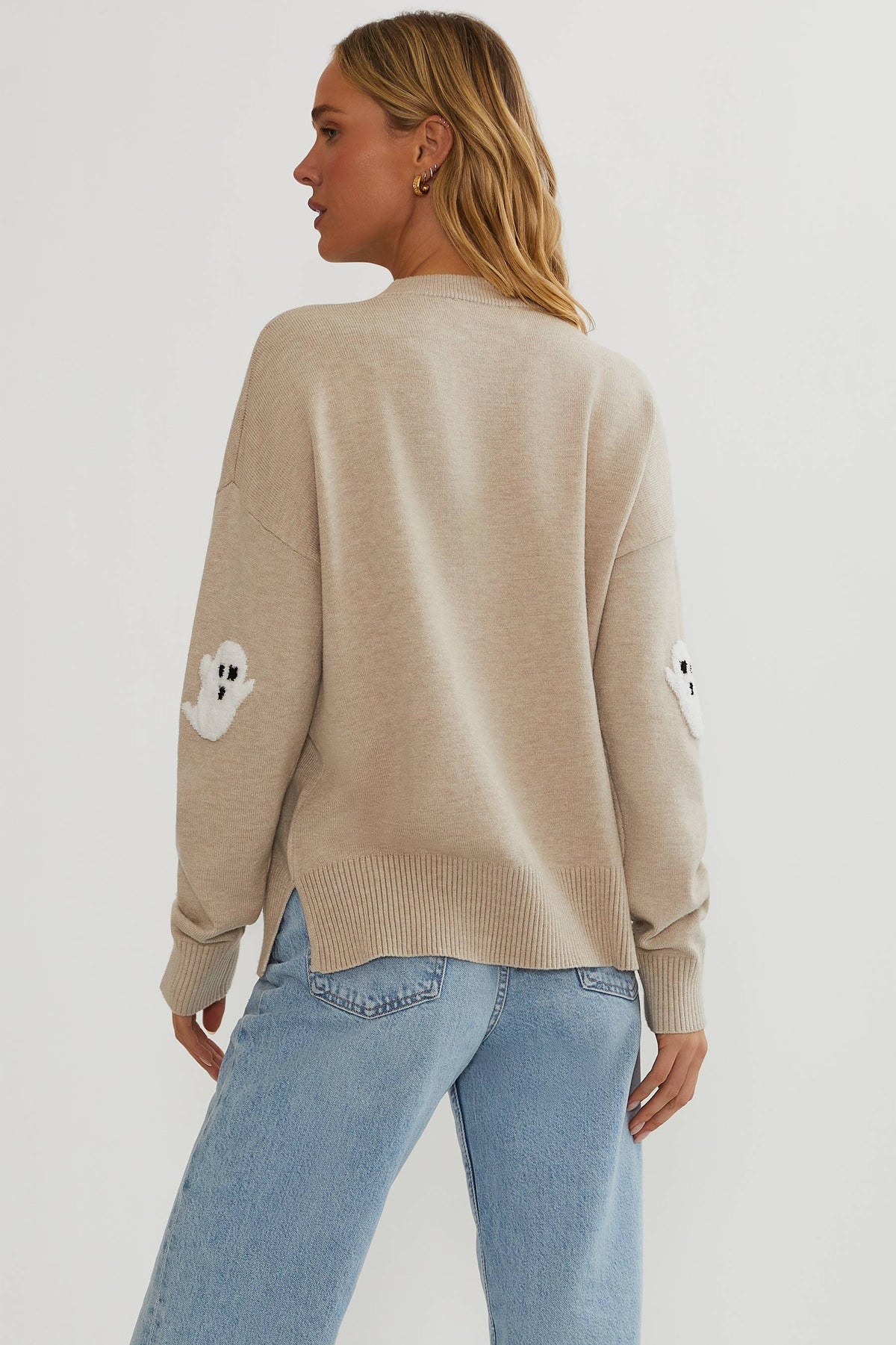 Damen-Strickpullover mit Geister-Applikation – kuscheliger Langarmpullover