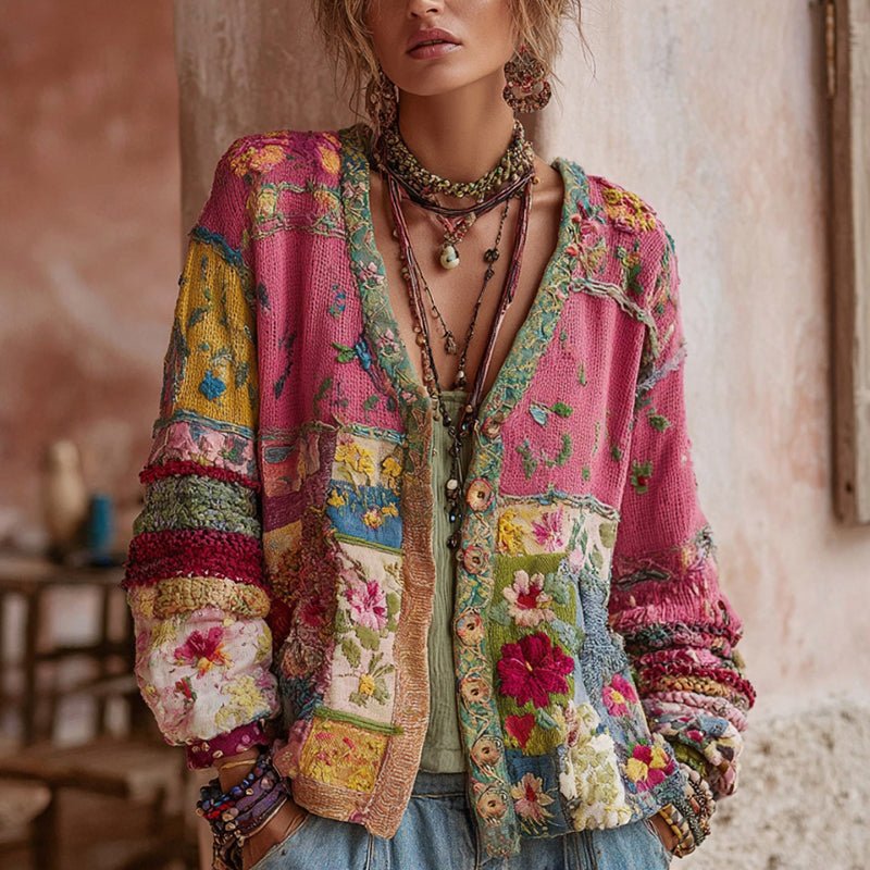 Damen-Strickweste mit floralem Patchwork