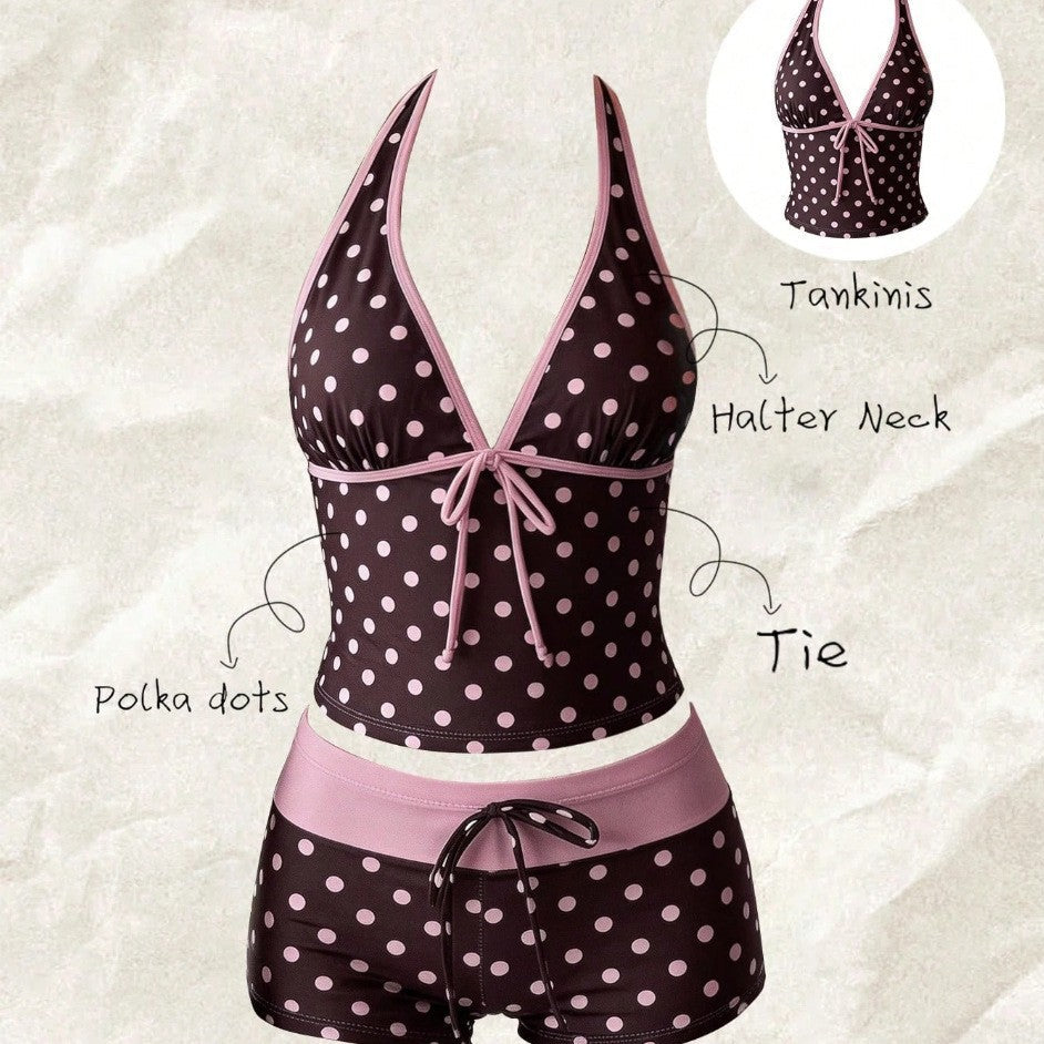 Damen-Tankini mit Polka Dots und verstellbarem Neckholder