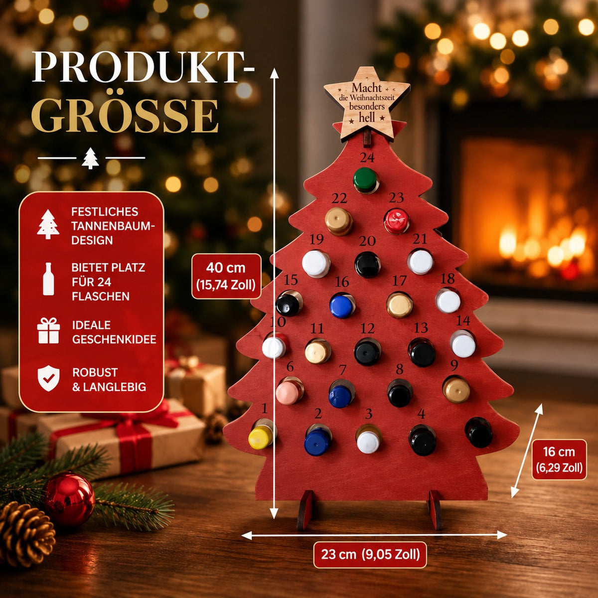 Flaschen-Adventskalender aus Holz 2026 – Weihnachtsbaum mit 24 Flaschenfächern