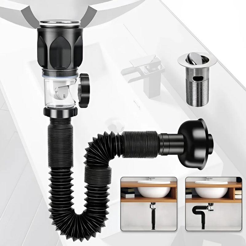 Flexibles Ablaufrohr mit Geruchsverschluss und Filter für Waschbecken und Spülbecken