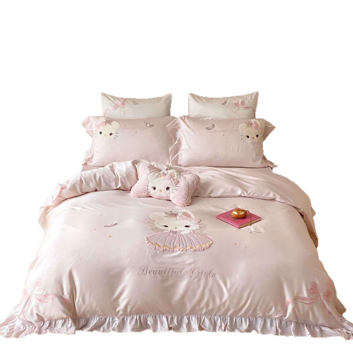 Kinderbettwäsche-Set aus Baumwollsatin mit gestickter Katzenapplikation, Rüschen und Zierkissen