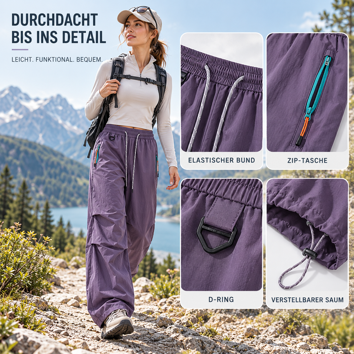 Wasserabweisende Wide-Leg-Wanderhose mit verstellbarem Bund und Beinabschlüssen