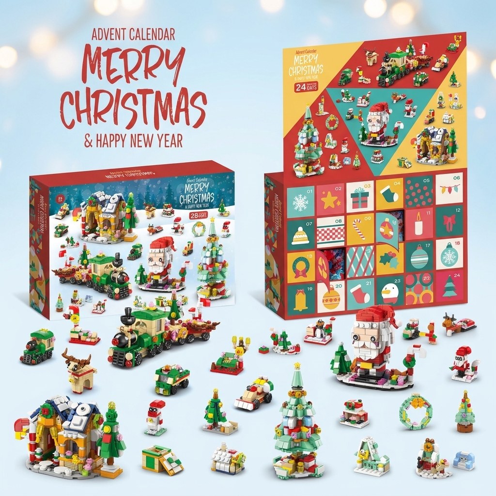 Weihnachtsdorf-Adventskalender, 28 Modelle 6-in-1, Nussknacker, Schlitten oder Weihnachtsbaum