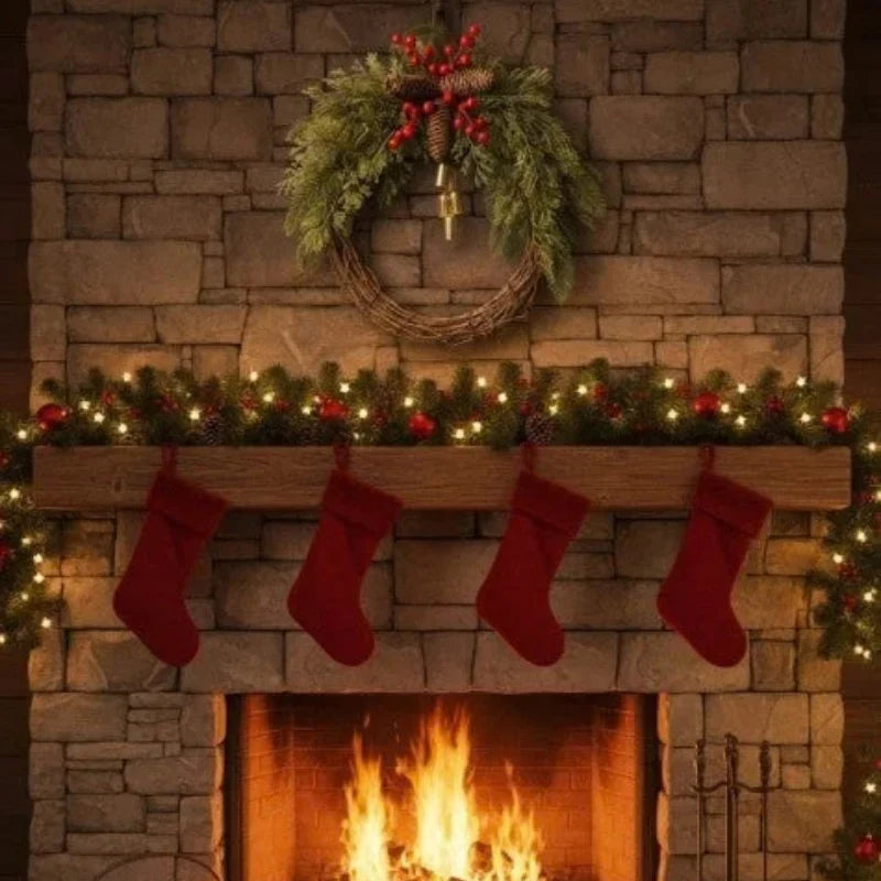 Weihnachtskranz mit goldenen Glocken, Tannenzapfen und künstlichem Tannengrün auf Rebenbasis