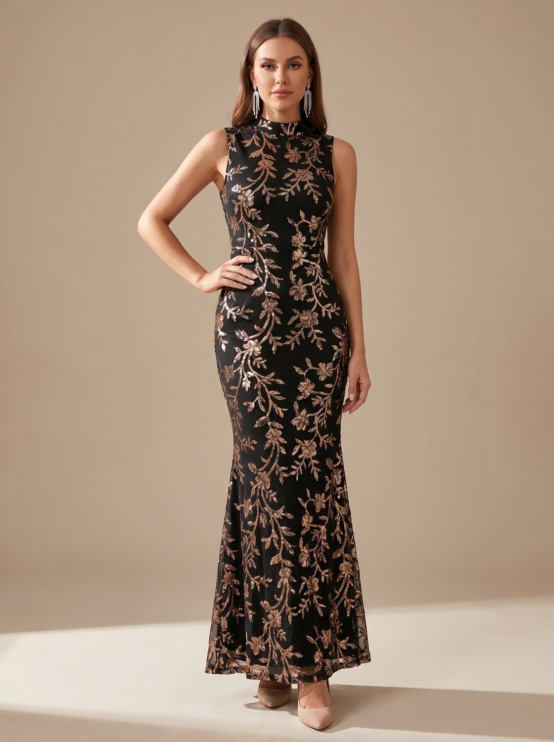 Ärmelloses Maxikleid für Damen mit floralem Paillettenmuster und Stehkragen für Weihnachtsfeiern