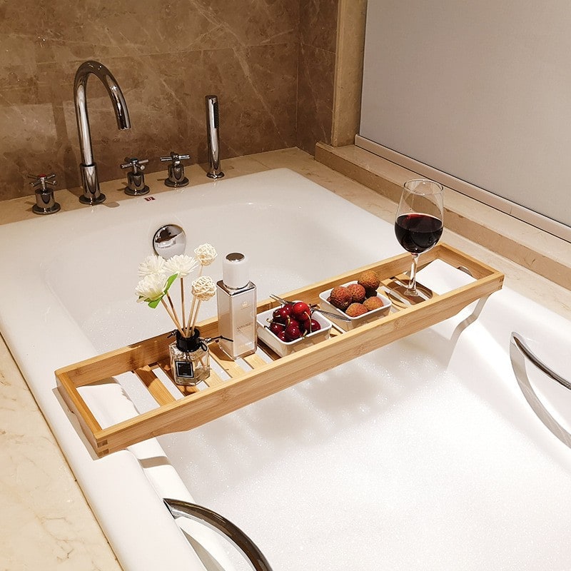 Badewannenablage aus Bambus mit Lamellendesign und Badewannen-Organizer aus Holz zur Aufbewahrung im Badezimmer
