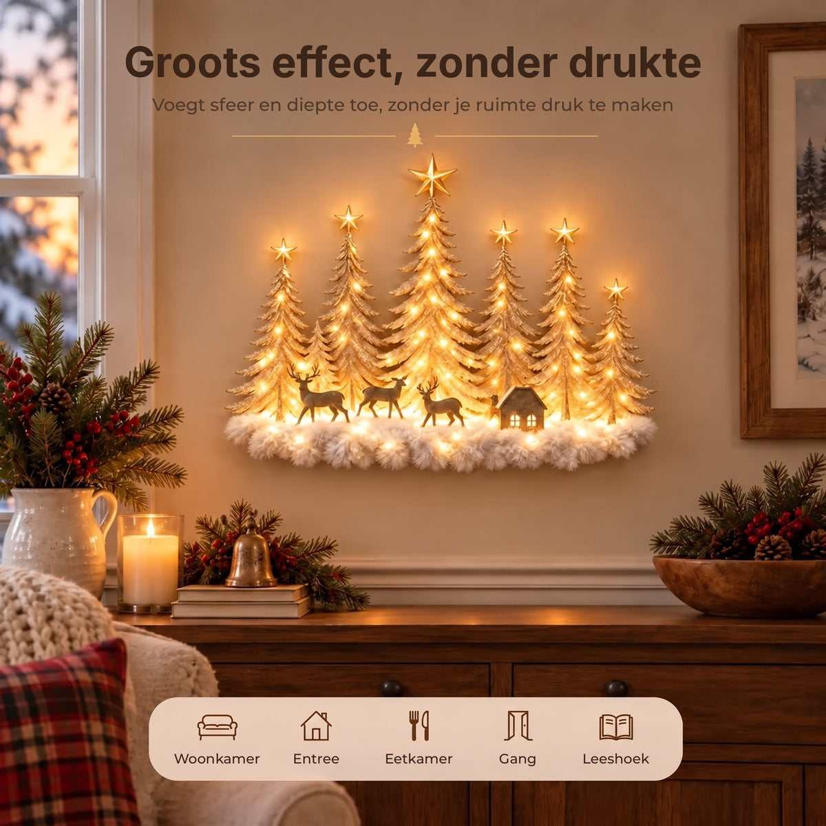 Beleuchtete Winterwald-Wanddekoration – 3D-Weihnachtslandschaft mit Hirschen und warmem LED-Licht