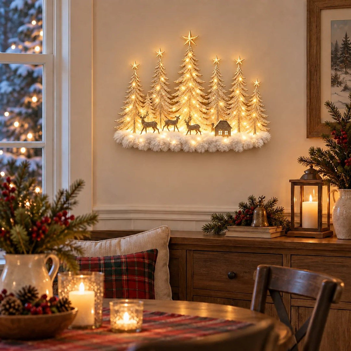 Beleuchtete Winterwald-Wanddekoration – 3D-Weihnachtslandschaft mit Hirschen und warmem LED-Licht