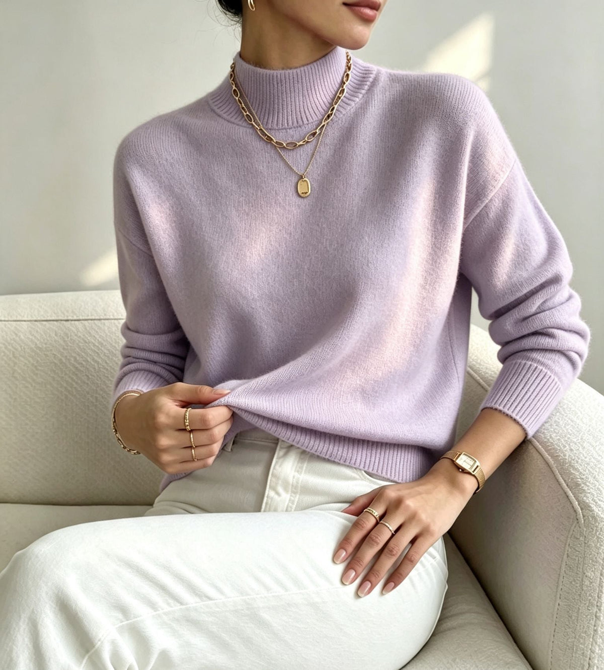 Bequemer Feinstrickpullover für Damen mit Stehkragen und überschnittenen Schultern