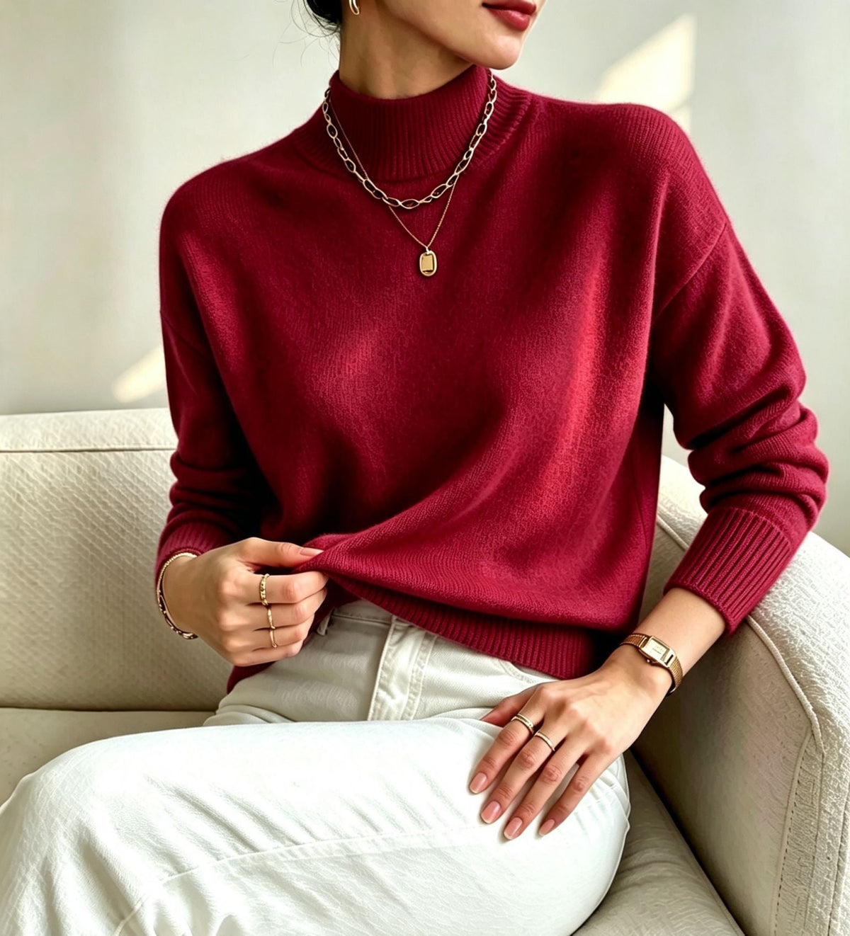 Bequemer Feinstrickpullover für Damen mit Stehkragen und überschnittenen Schultern