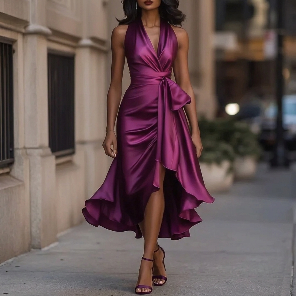 Damen-Abendkleid mit tiefem V-Ausschnitt und Rüschen