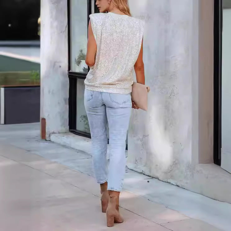 Damen-Glitzerbluse mit Rundhalsausschnitt