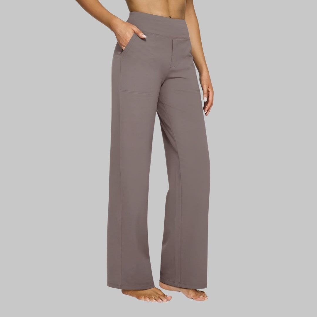 Damen-Hose mit weitem Bein, hoher Taille, elastischem Bund und Seitentaschen