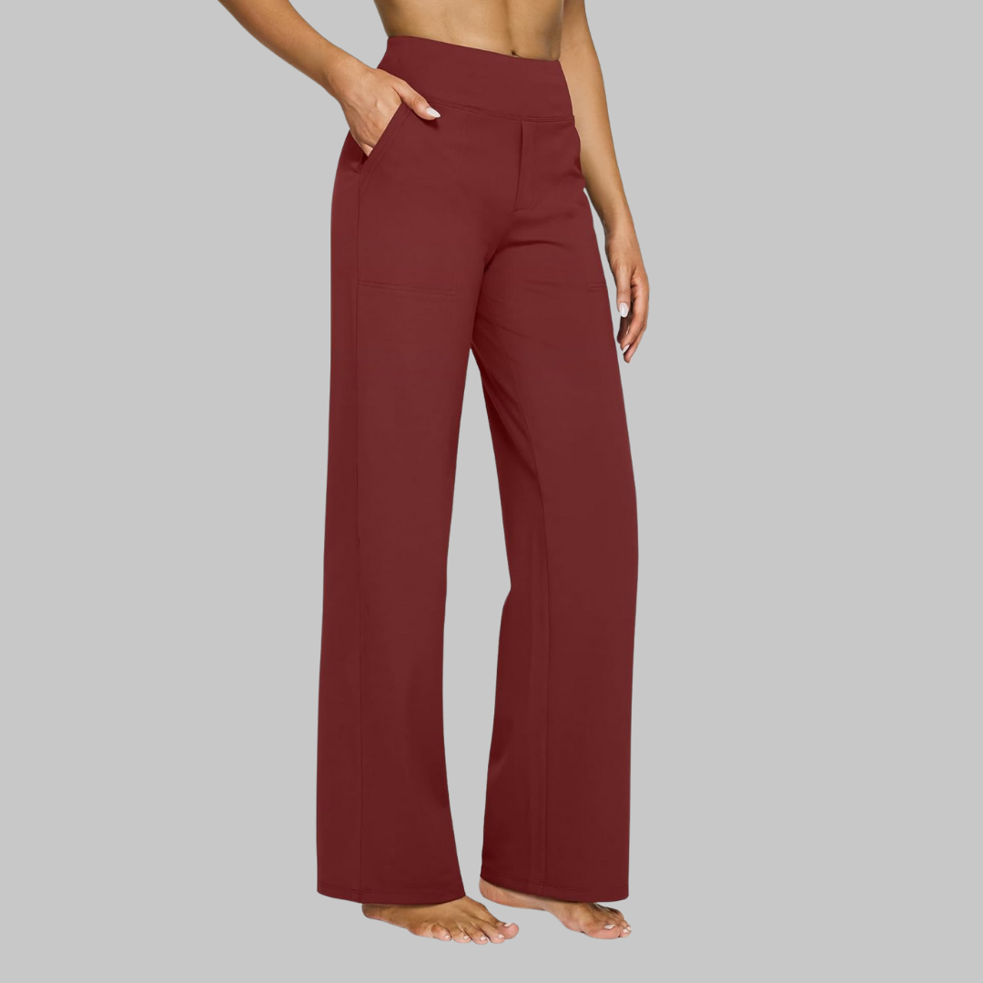 Damen-Hose mit weitem Bein, hoher Taille, elastischem Bund und Seitentaschen