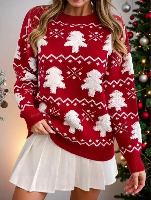 Damen-Jacquardpullover mit Tannenbaummotiv, Rundhalsausschnitt und Baumwoll-Nylon-Mischung im winterlichen Stil