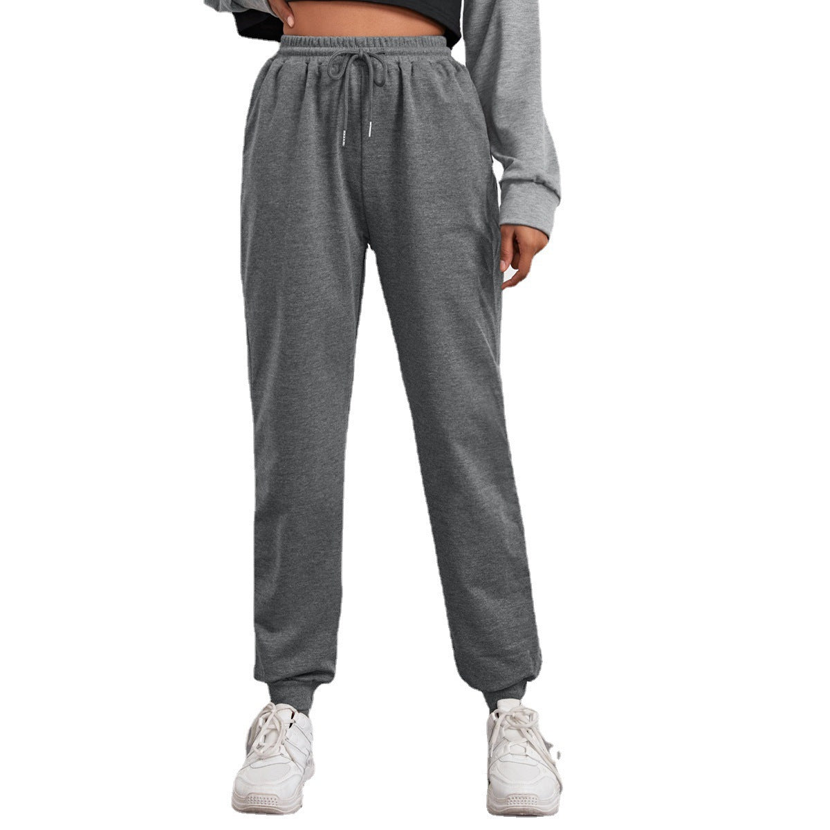Damen-Jogginghose im Relaxed Fit mit hoher Taille, elastischem Bund, Kordelzug und Rippbündchen