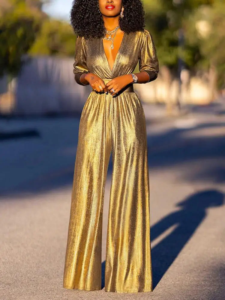 Damen-Jumpsuit mit V-Ausschnitt, weitem Bein und Metallic-Effekt