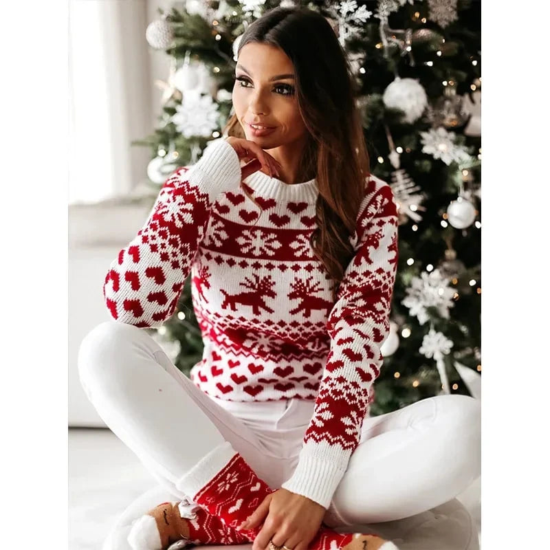 Damen-Pullover mit weihnachtlichem Muster, Polyacryl-Polyester-Mischung, langen Ärmeln, winterlicher Stil