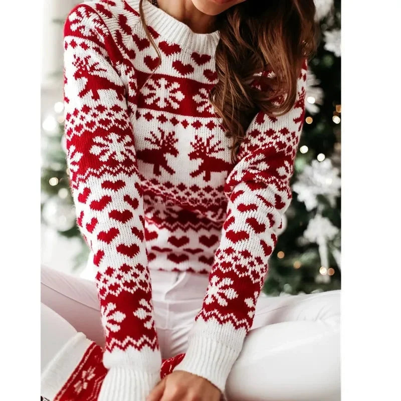 Damen-Pullover mit weihnachtlichem Muster, Polyacryl-Polyester-Mischung, langen Ärmeln, winterlicher Stil
