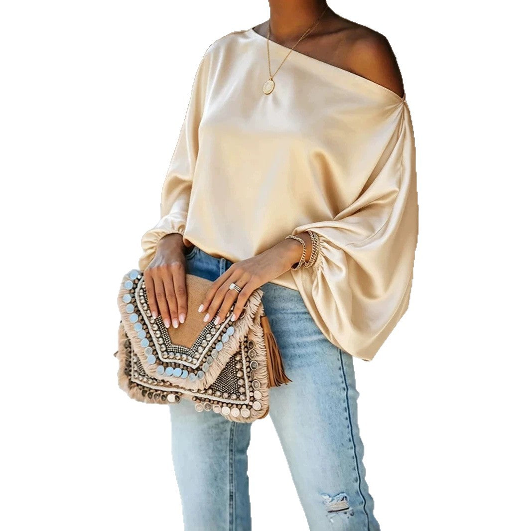 Damen-Satinbluse mit asymmetrischem One-Shoulder-Ausschnitt und weiten Fledermausärmeln