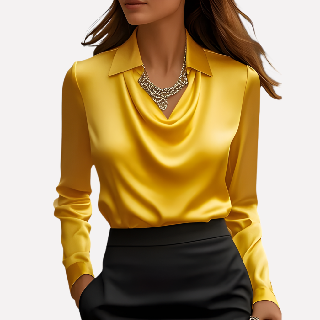 Damen-Satinbluse mit Wasserfallkragen und langen Ärmeln