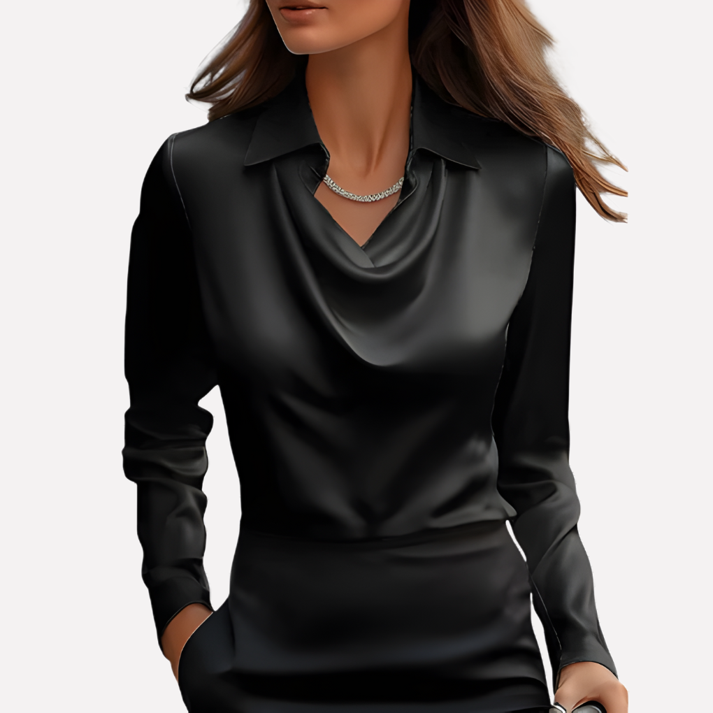 Damen-Satinbluse mit Wasserfallkragen und langen Ärmeln