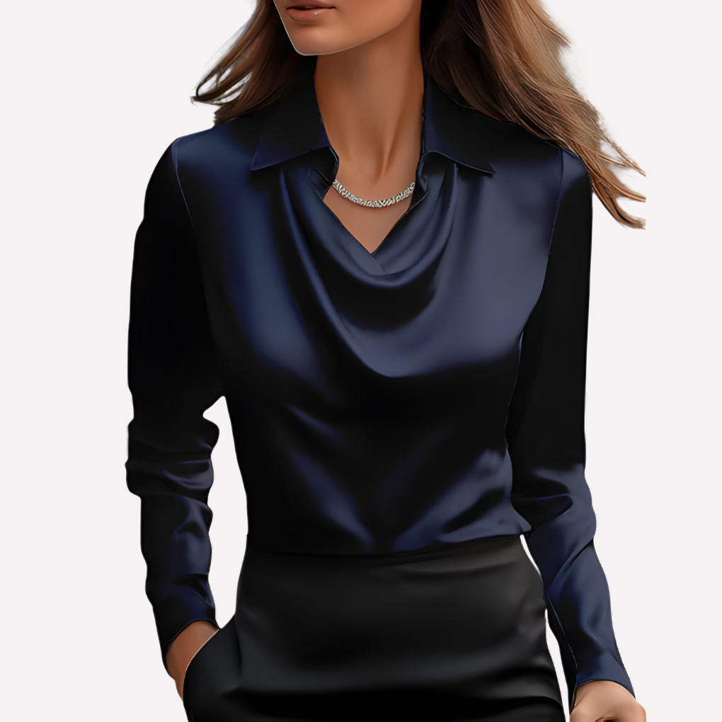 Damen-Satinbluse mit Wasserfallkragen und langen Ärmeln