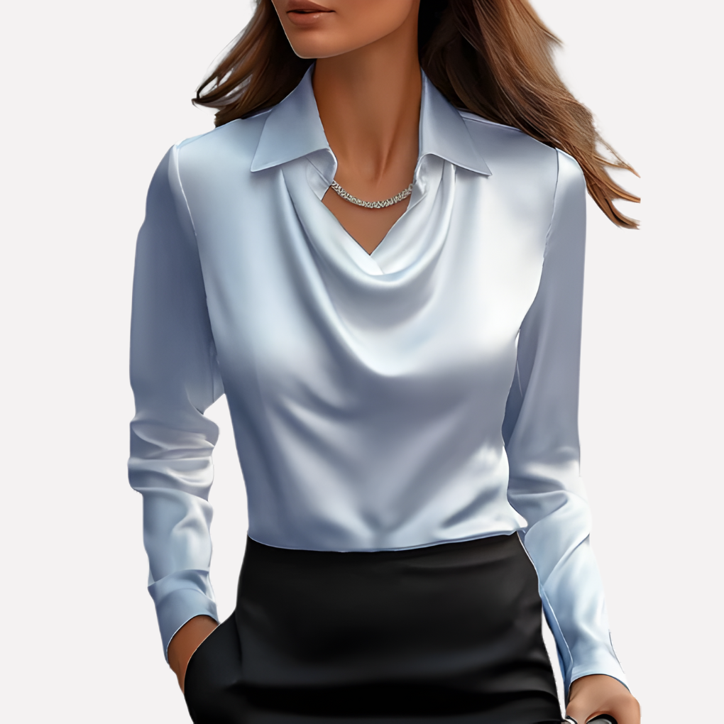 Damen-Satinbluse mit Wasserfallkragen und langen Ärmeln