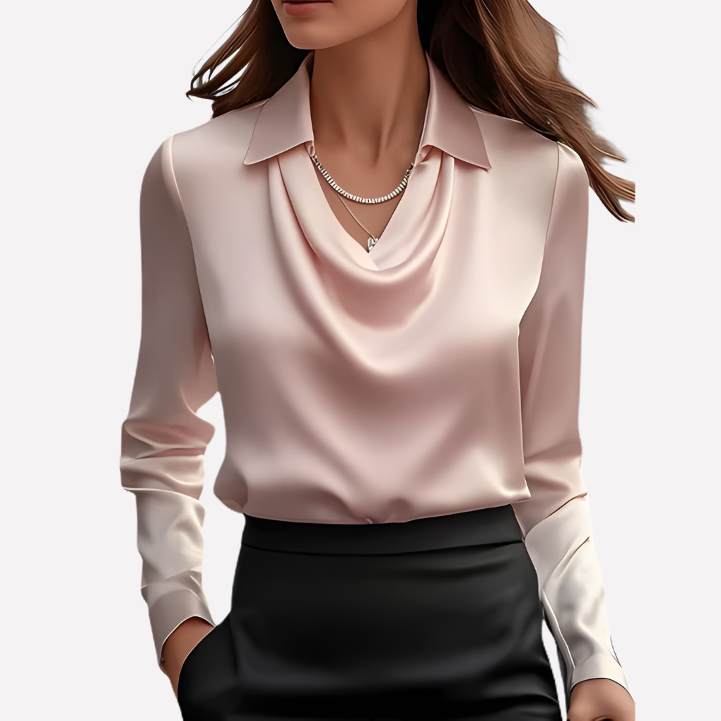 Damen-Satinbluse mit Wasserfallkragen und langen Ärmeln