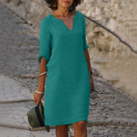 Damen-Sommer-Midikleid aus Leinen mit V-Ausschnitt