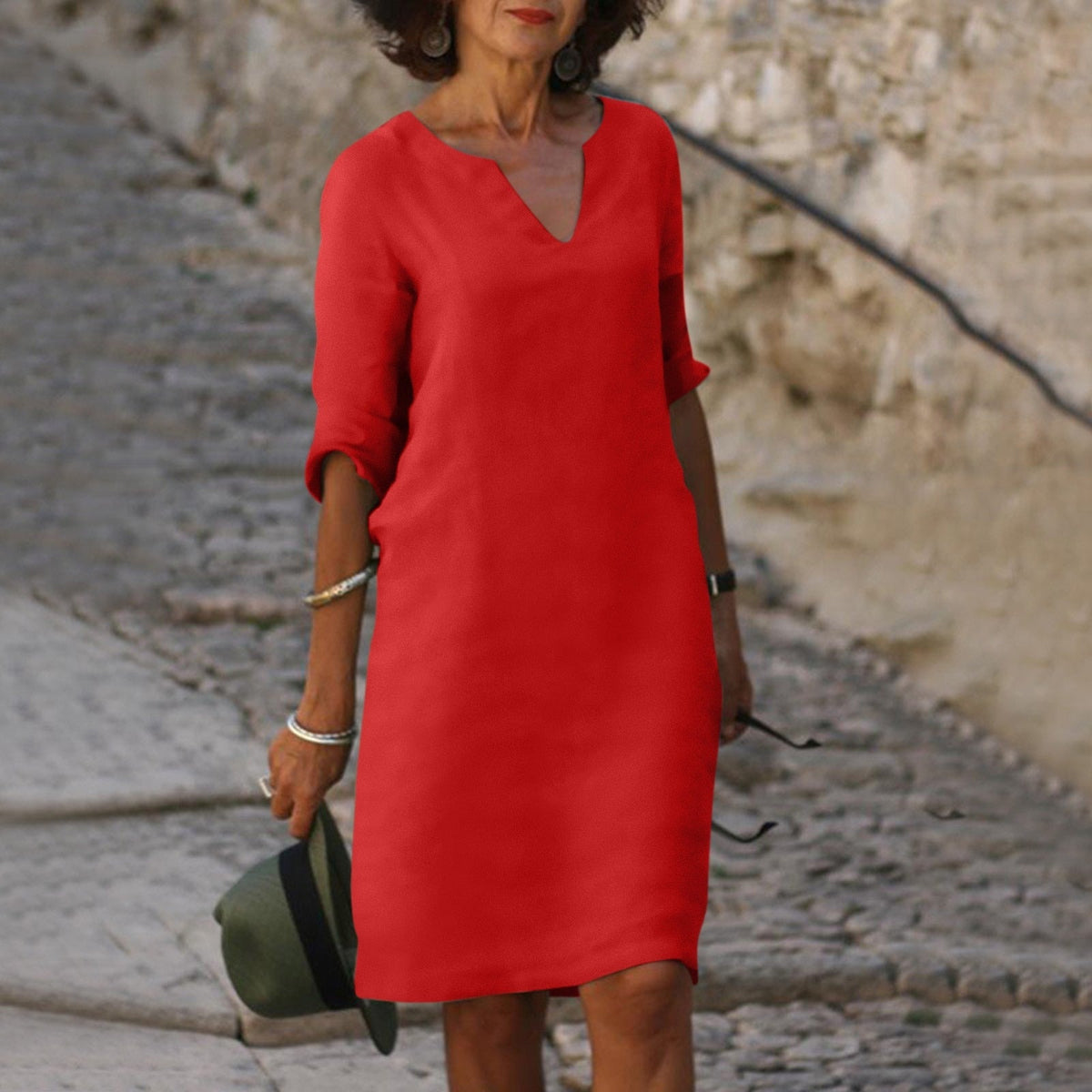 Damen-Sommer-Midikleid aus Leinen mit V-Ausschnitt