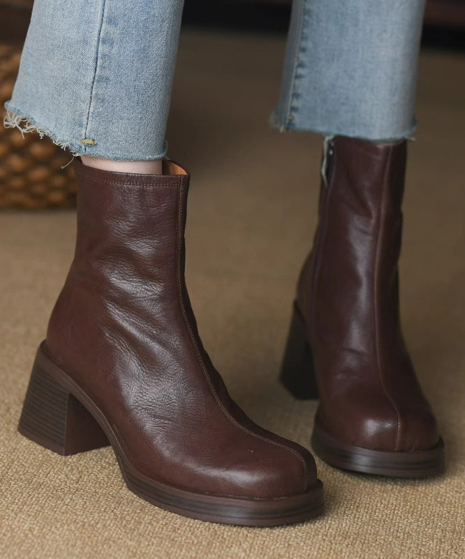 Damen-Stiefeletten mit Blockabsatz und Reißverschluss - Braun/Schwarz