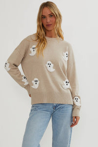 Damen-Strickpullover mit Geister-Applikation – kuscheliger Langarmpullover
