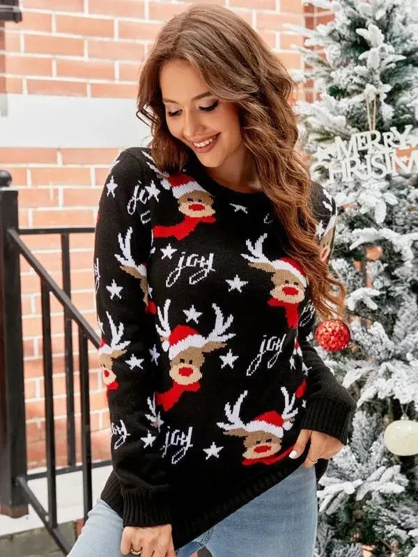 Damen-Strickpullover mit Tiermuster – Rundhalsausschnitt, winterlicher Stil