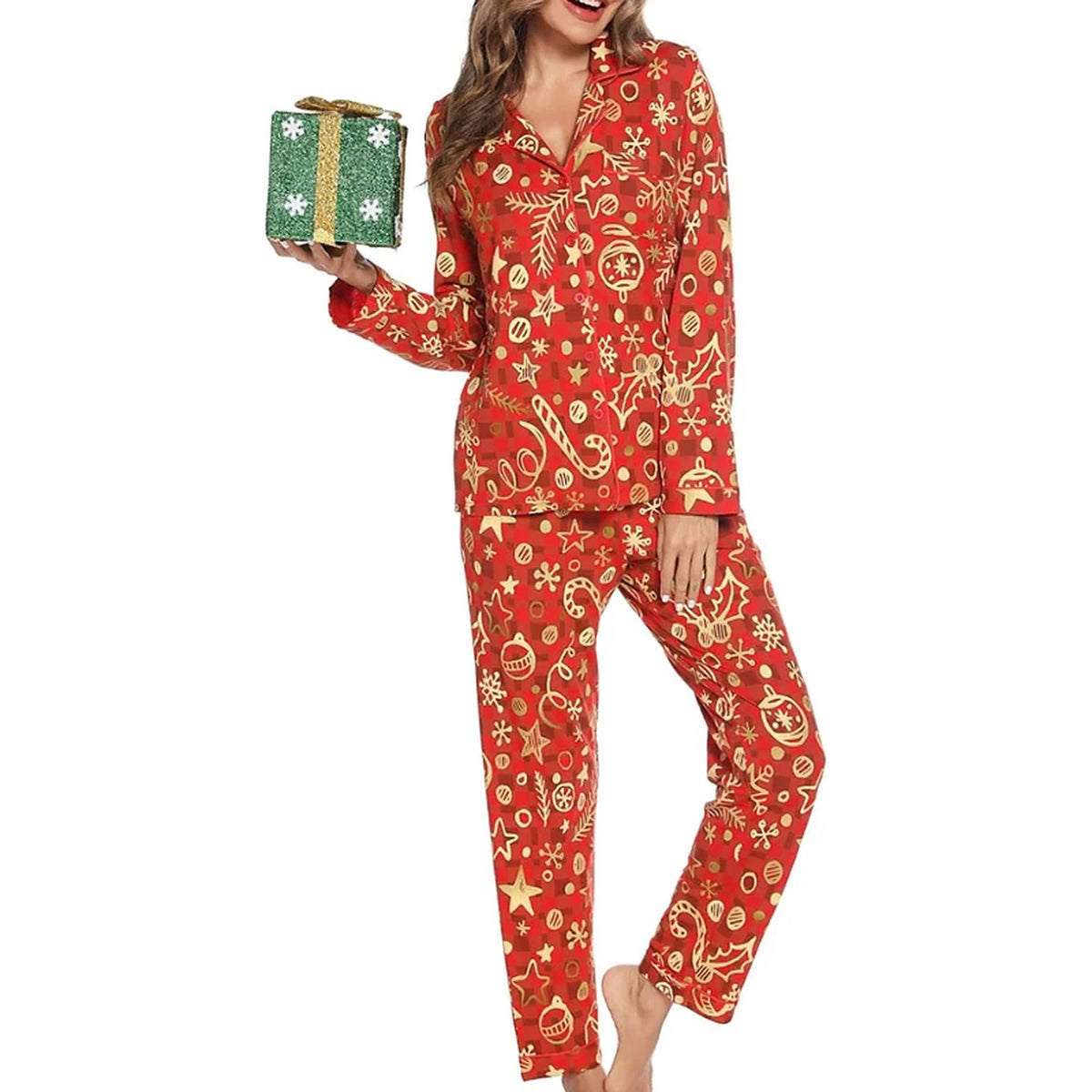 Damen-Weihnachtsschlafanzug – Durchgeknöpftes Oberteil und lange Hose mit festlichem Print