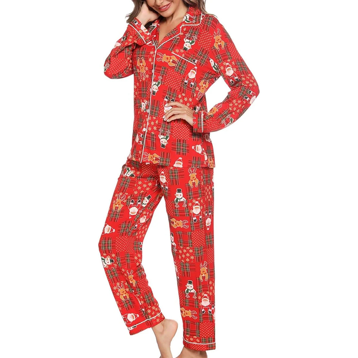 Damen-Weihnachtsschlafanzug – Durchgeknöpftes Oberteil und lange Hose mit festlichem Print