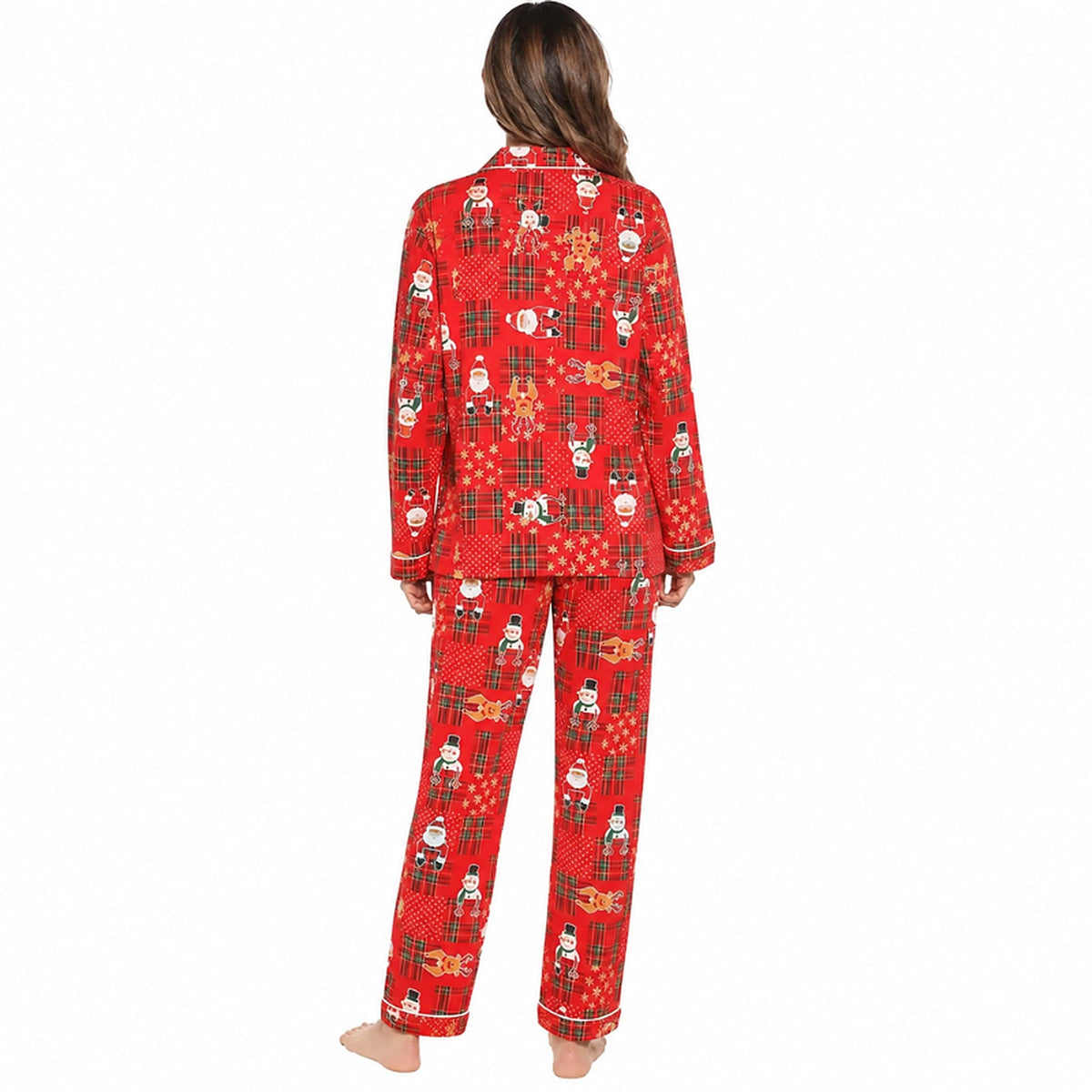 Damen-Weihnachtsschlafanzug – Durchgeknöpftes Oberteil und lange Hose mit festlichem Print