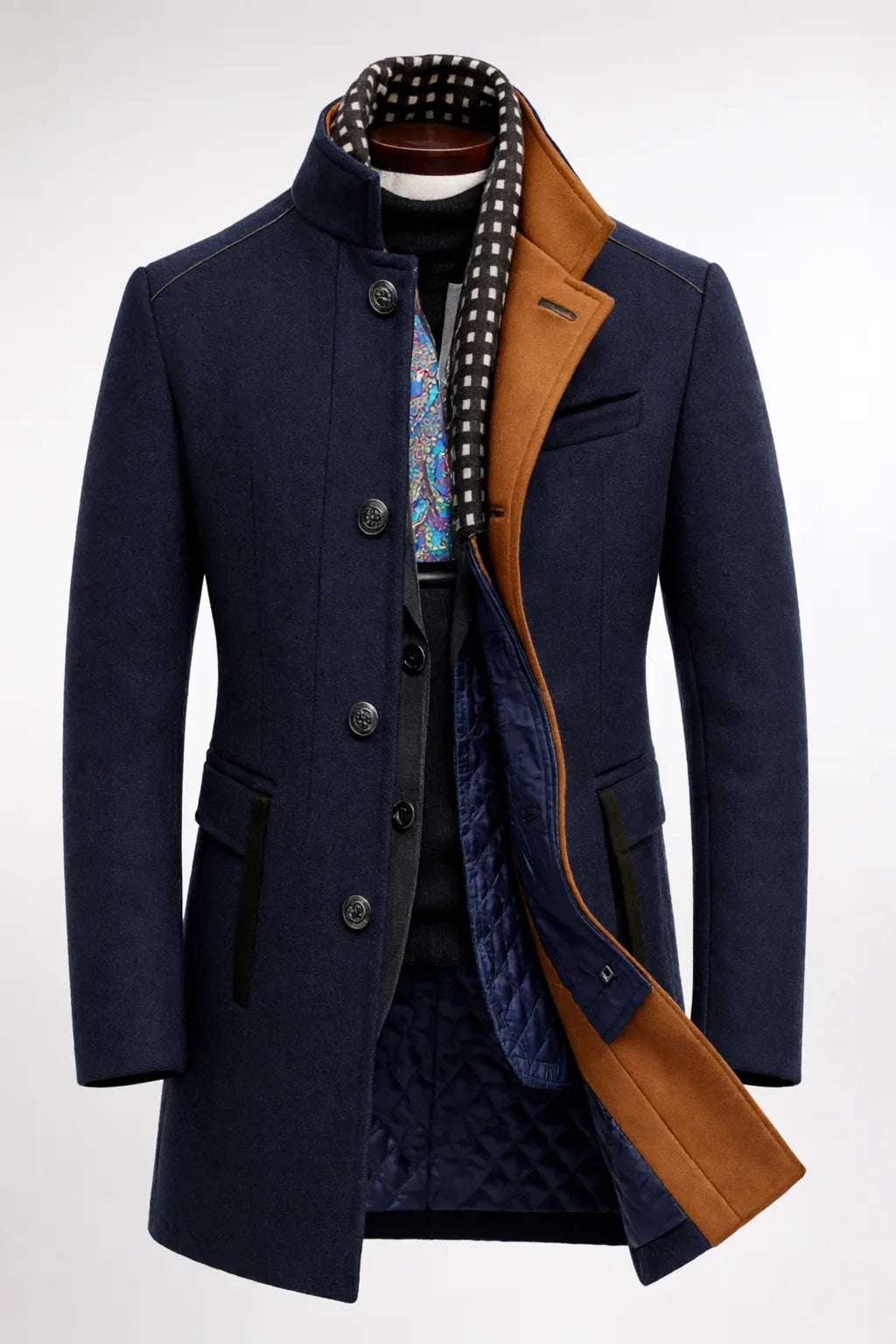 Damen-Wintermantel aus Wollmischung mit Knitterschutz – moderner gerader Schnitt im mehrfarbigen Design