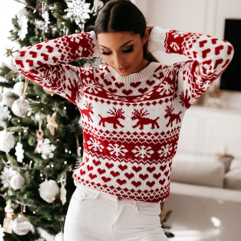 Damen-Winterpullover mit Schneeflocken- und Rentiermuster