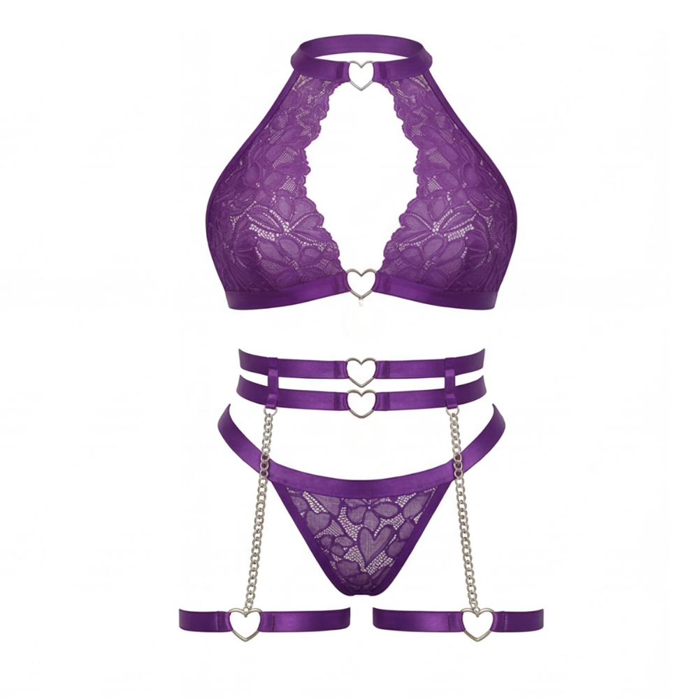 Dessous-Set aus Spitze mit Herz-Kettendetails und Strumpfhaltern