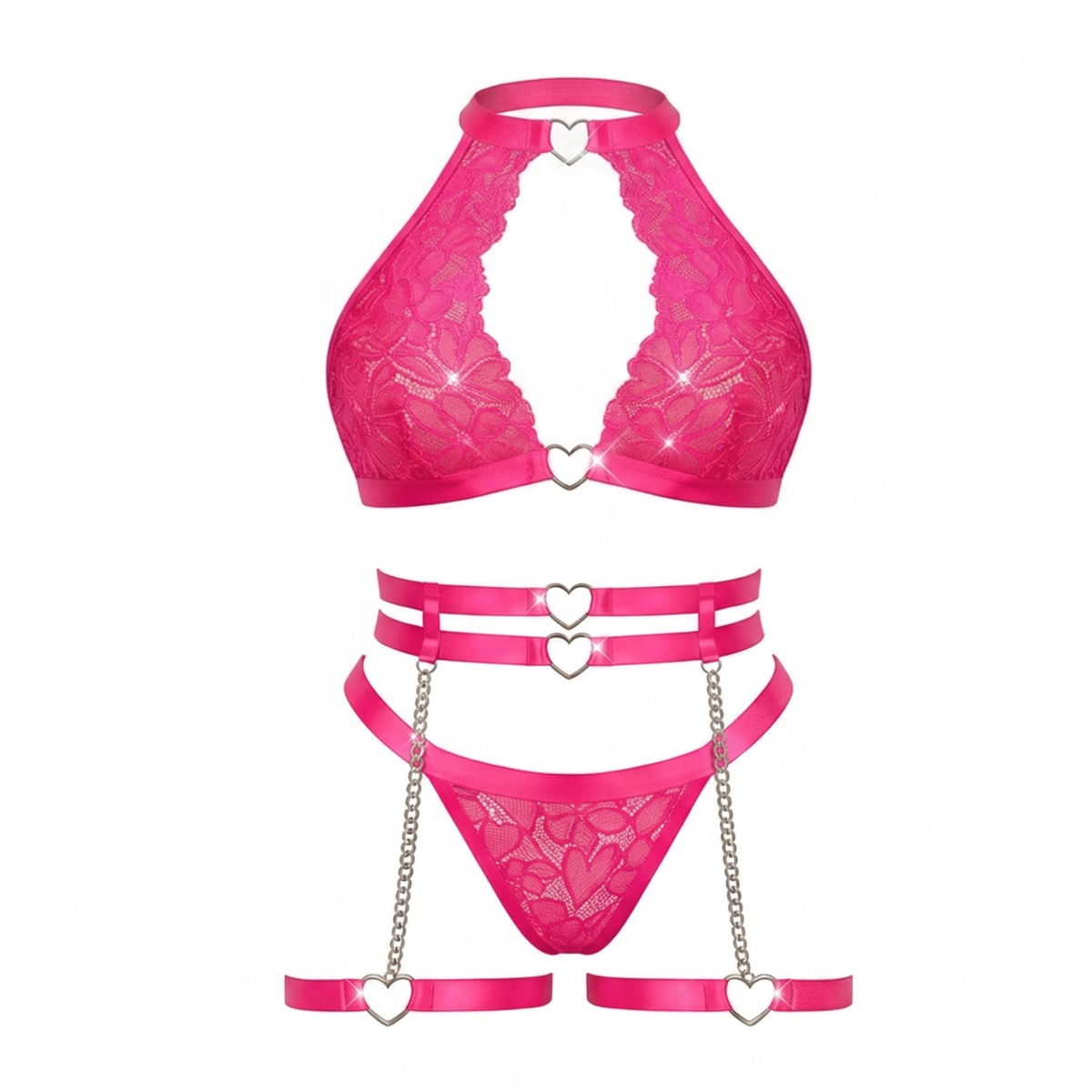 Dessous-Set aus Spitze mit Herz-Kettendetails und Strumpfhaltern