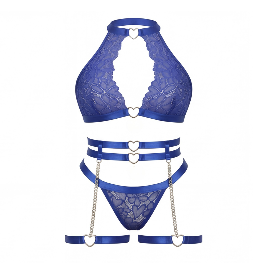 Dessous-Set aus Spitze mit Herz-Kettendetails und Strumpfhaltern