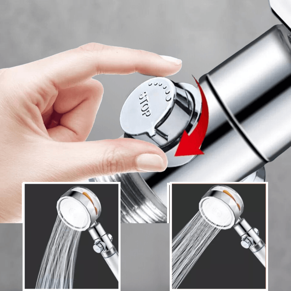 Duschkopf aus Metall mit Mikrodüsen, 360° drehbar, Ein-/Ausschalter, druckerhöhend und wassersparend