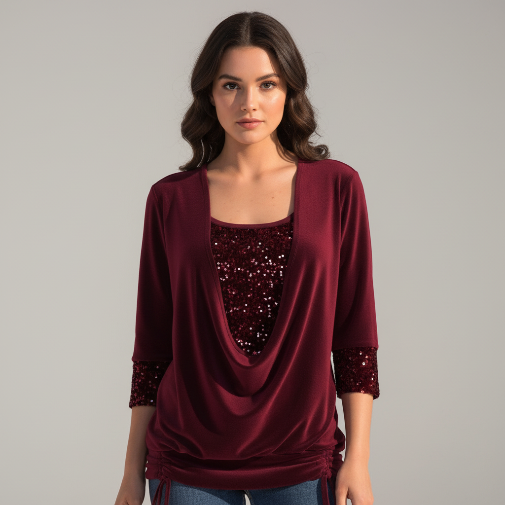 Elegante, figurschmeichelnde Damenbluse mit Pailletten und langen Ärmeln