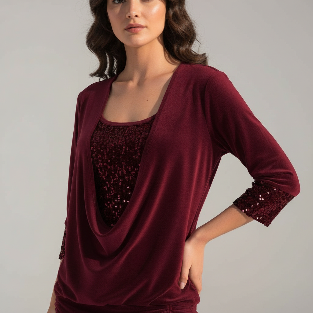 Elegante, figurschmeichelnde Damenbluse mit Pailletten und langen Ärmeln