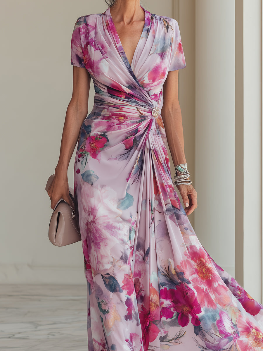 Elegantes Damen-Maxi-Wickelkleid mit Blumenmuster für besondere Anlässe