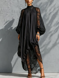 Elegantes schwarzes Damen-Maxikleid mit Stehkragen und Spitzenärmeln